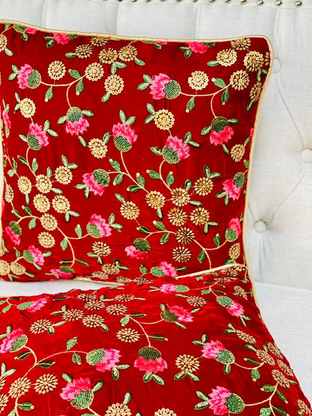 Red Velvet with Floral Embroidery and Sitara Work Cushion Cover