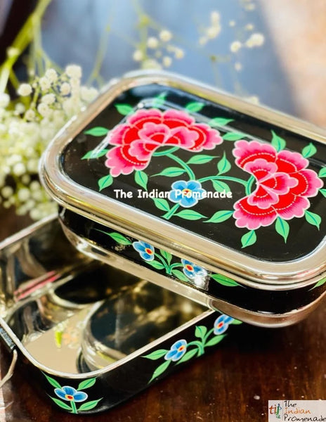 Hand Painted Enamelware Stainless Steel 2 tier Lunch Box /Lunch Tin (Black)