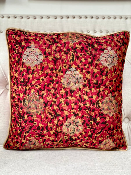 Printed Chanderi with Subtle Gold Weave Cushion Cover- Red