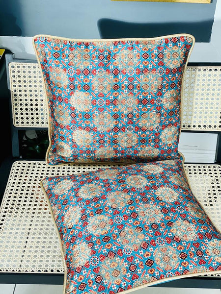 Patola Print Cushion Cover with Subtle Gold Weave - Teal/Turquoise