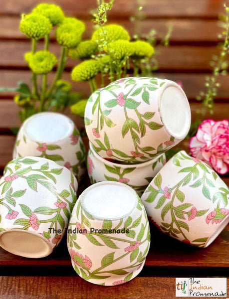 Glazed Kulhad Chai Glasses-Floral Green , set of 6