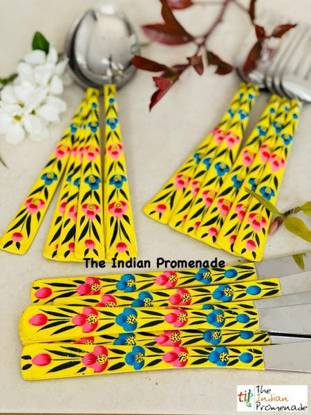 Hand-painted Floral Kashmir Enamelware Cutlery set of 18- Yellow