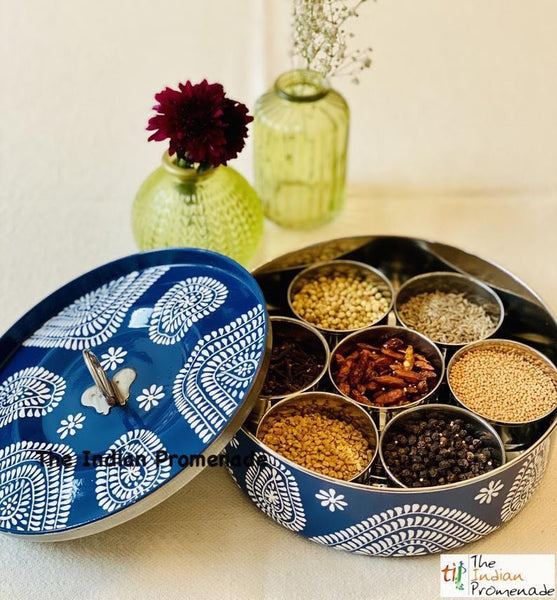 Hand Painted Enamelware Masala Dani ( Spice Box ) Midnight Blue