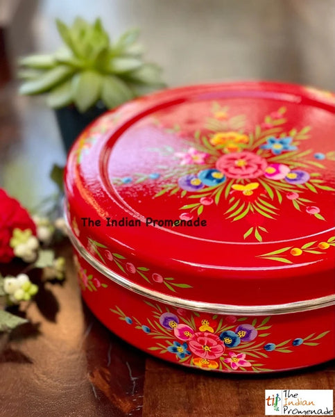 Red Hand-painted Kashmiri enamelware cookie container