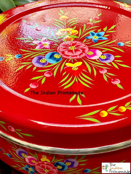 Red Hand-painted Kashmiri enamelware cookie container