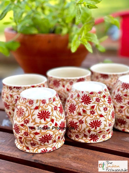Glazed Kulhad Chai Glasses-Floral Red , set of 6