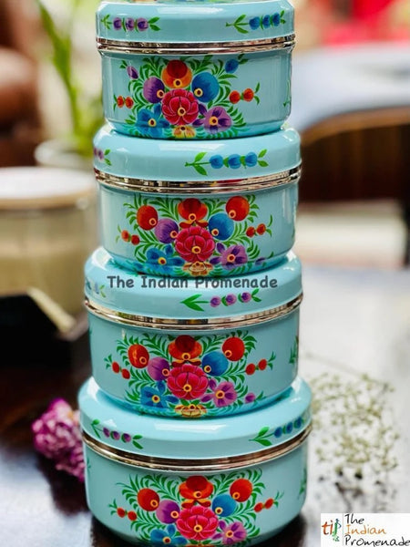 Set of 4 Hand Painted Enamelware steel containers - Blue