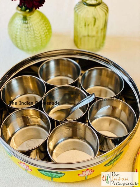 Hand Painted Pichwai art Inspired Enamelware Masala Dani (Spice Box) Yellow