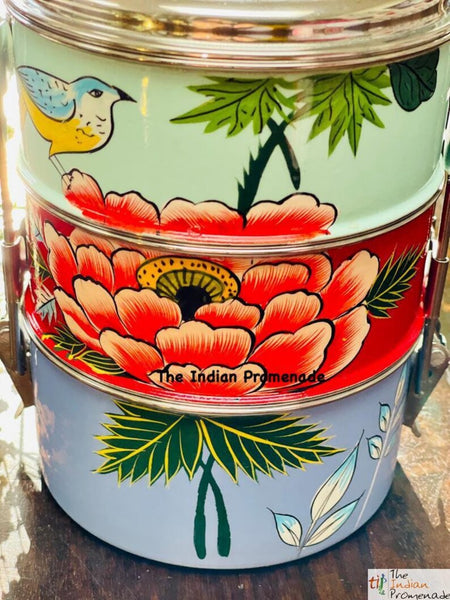 3 Tier Hand Painted Kashmir Enamelware Stainless Steel Tiffin ( Multicolour with birds)