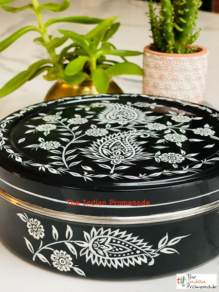 Hand Painted Paisley Enamelware Masala Dani (Spice Box) -Black