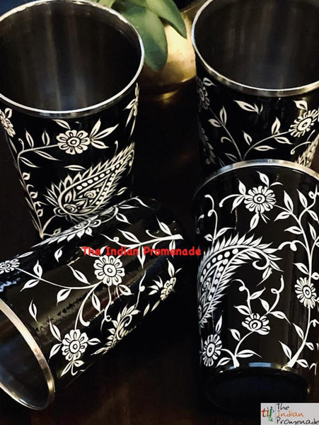 Black Paisley Hand Painted Kashmir Enamelware Stainless Steel Tumblers ( set of 4)