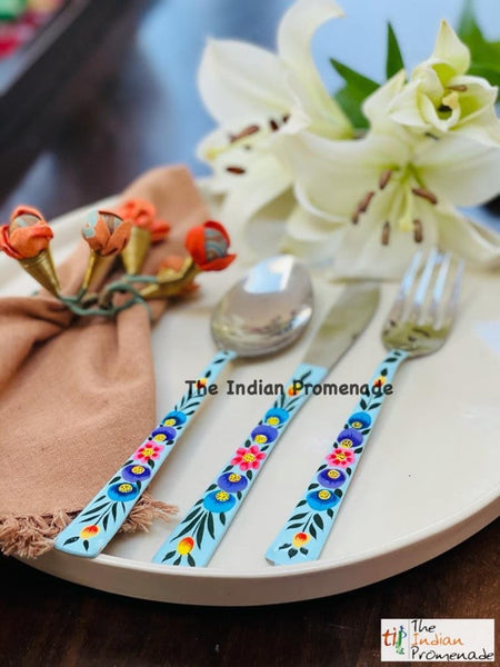 Hand-painted Floral Kashmir Enamelware Cutlery set of 18- Turquoise Blue