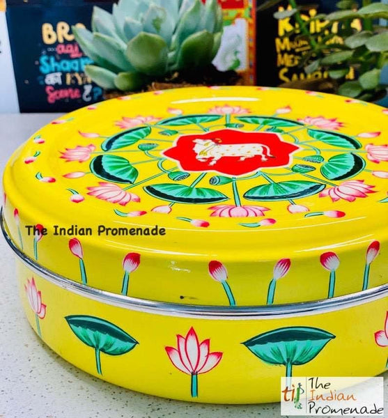 Hand Painted Pichwai art Inspired Enamelware Masala Dani (Spice Box) Yellow