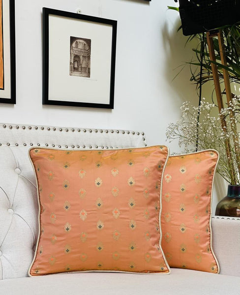 Dupion Silk Cushion Cover with subtle gold weave-Peach
