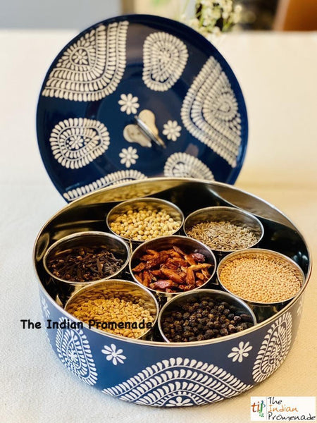 Hand Painted Enamelware Masala Dani ( Spice Box ) Midnight Blue