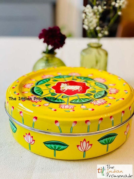 Hand Painted Pichwai art Inspired Enamelware Masala Dani (Spice Box) Yellow