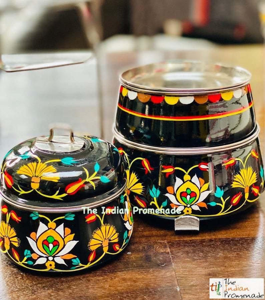 3 Tier Black Hand Painted Enamelware Stainless Steel Tiffin