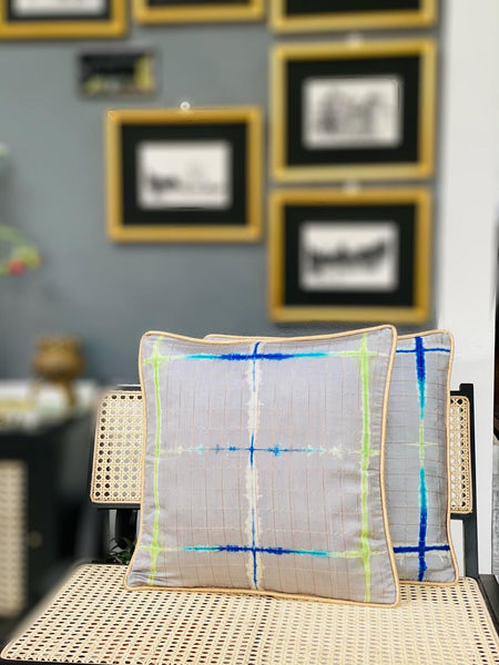 Pure Silk Tie & Dye Cushion Cover with Subtle Gold Zari Stripes- Grey