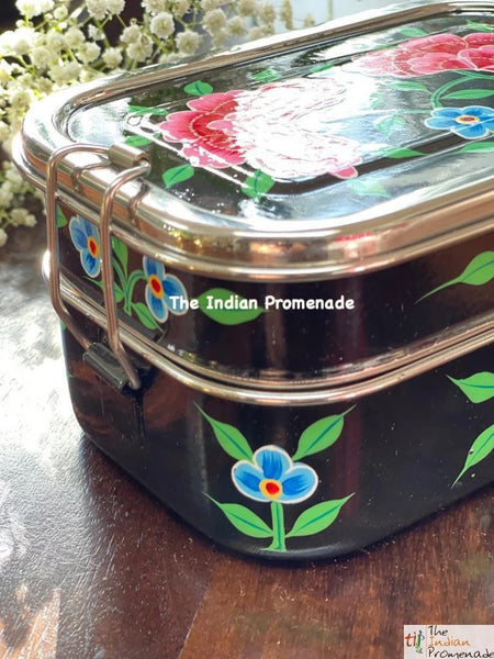 Hand Painted Enamelware Stainless Steel 2 tier Lunch Box /Lunch Tin (Black)
