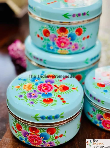 Set of 4 Hand Painted Enamelware steel containers - Blue