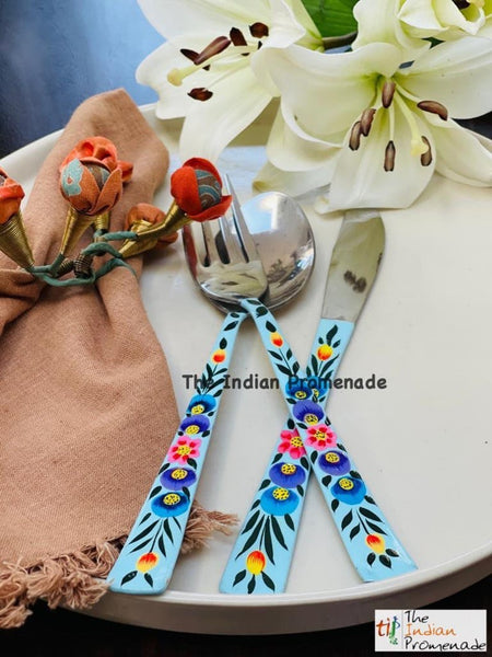 Hand-painted Floral Kashmir Enamelware Cutlery set of 18- Turquoise Blue