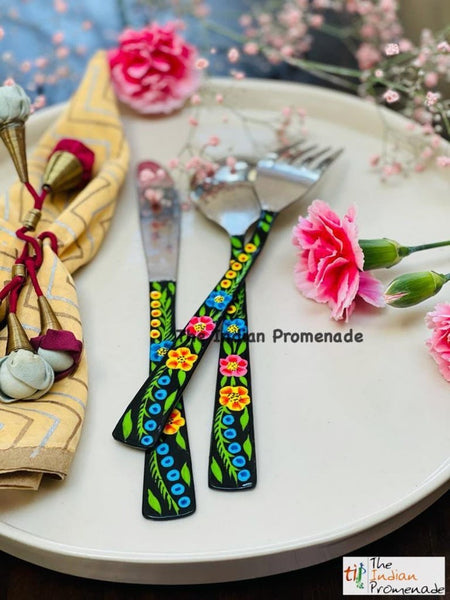 Hand-painted Floral Kashmir Enamelware Cutlery set of 18- Black