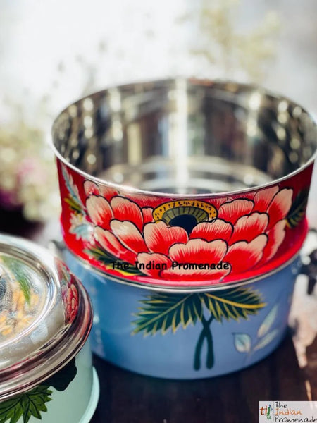 3 Tier Hand Painted Kashmir Enamelware Stainless Steel Tiffin ( Multicolour with birds)
