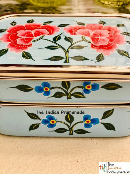 Hand Painted Enamelware Stainless Steel 2 tier Lunch Box /Lunch Tin ( Blue)