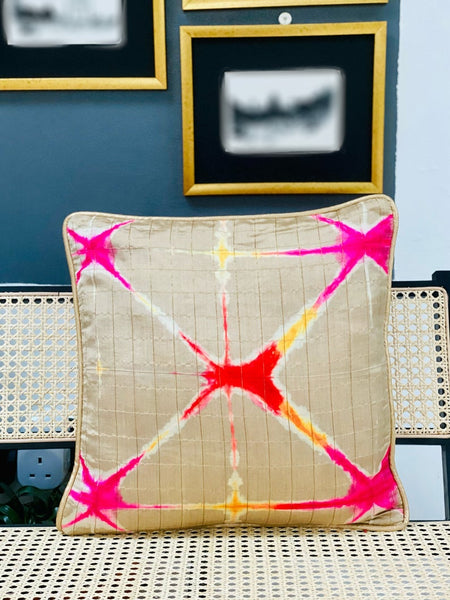 Pure Silk Tie & Dye Cushion Cover with Subtle Gold Zari Stripes- Beige