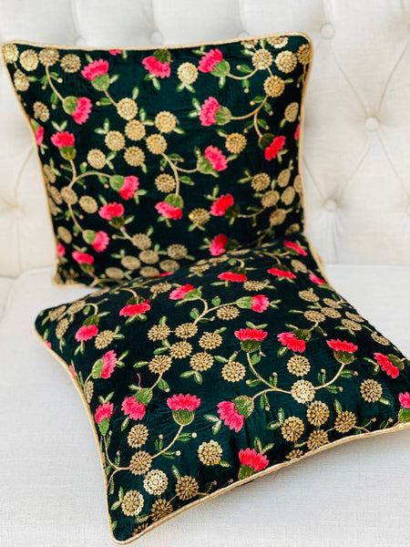 Green Velvet with Floral Embroidery and Sitara work Cushion Cover