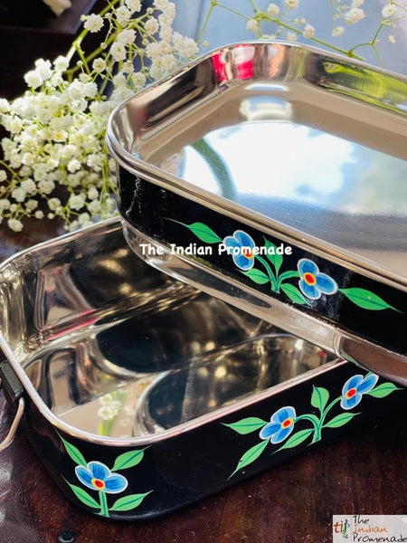 Hand Painted Enamelware Stainless Steel 2 tier Lunch Box /Lunch Tin (Black)
