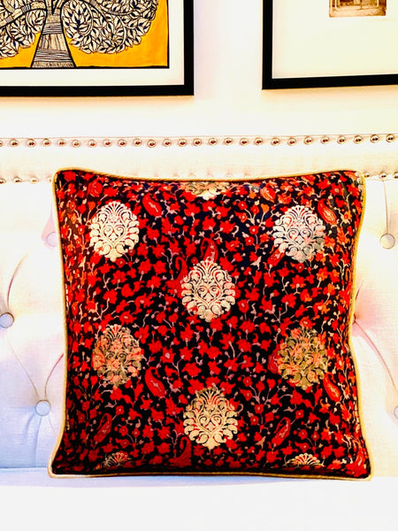 Printed Chanderi with Subtle Gold Weave Cushion Cover- Black& Red