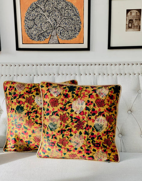 Printed Chanderi with Subtle Gold Weave Cushion Cover- Mustard
