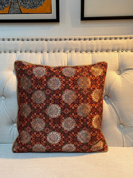 Patola Print Cushion Cover with Subtle Gold Weave - Maroon