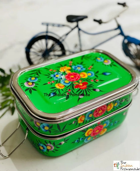 Hand Painted Enamelware Stainless Steel 2 tier Lunch Box/Lunch Tin  (Green)