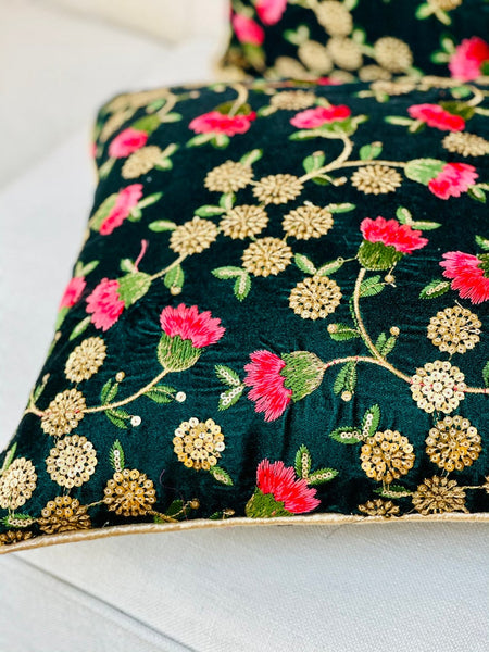 Green Velvet with Floral Embroidery and Sitara work Cushion Cover