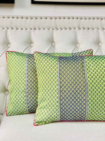 Patchwork Cushion Cover in Double Shades - Parrot Green/ Blue