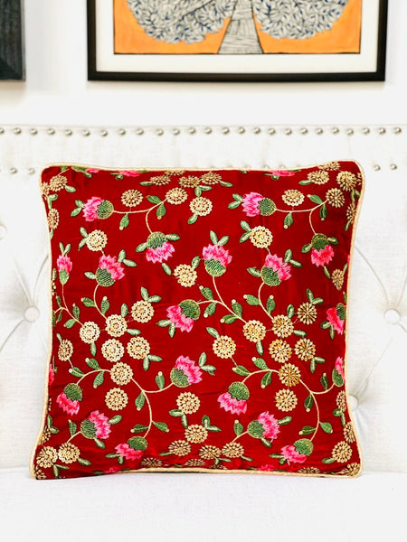 Red Velvet with Floral Embroidery and Sitara Work Cushion Cover