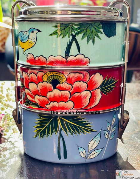 3 Tier Hand Painted Kashmir Enamelware Stainless Steel Tiffin ( Multicolour with birds)