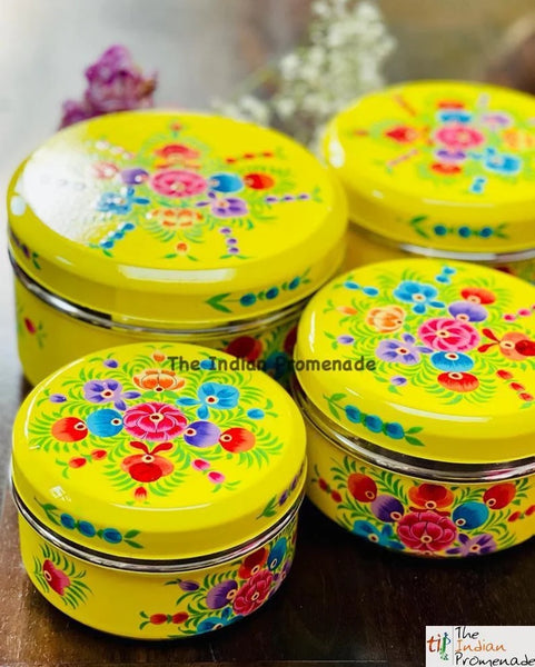 Set of 4 handpainted enamelware steel containers - yellow