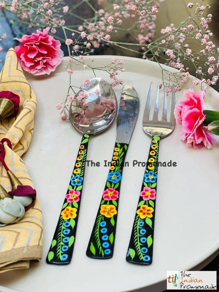 Hand-painted Floral Kashmir Enamelware Cutlery set of 18- Black