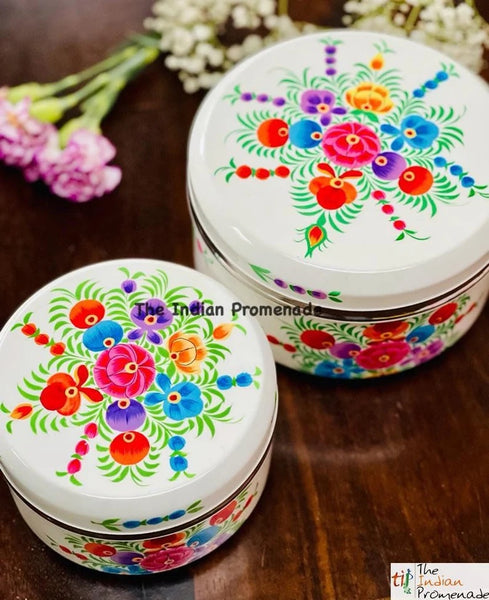 Set of 4 hand Painted Enamelware steel container-White
