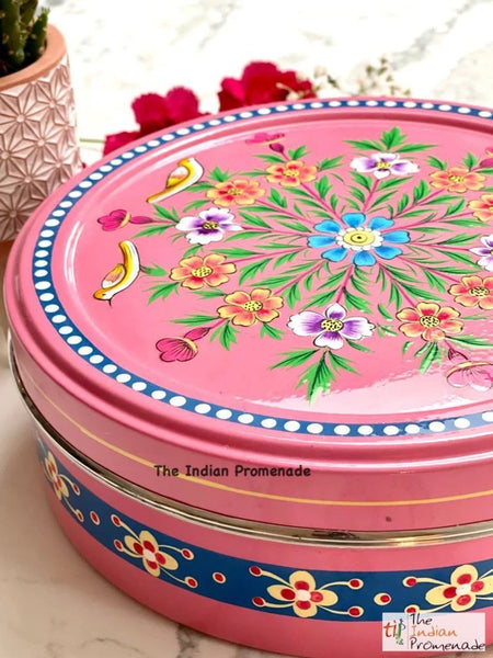 Hand Painted Enamelware Masala Dani (Spice Box)- Pink