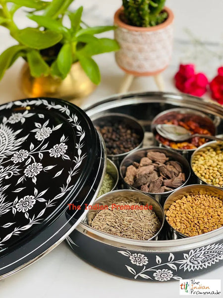Hand Painted Paisley Enamelware Masala Dani (Spice Box) -Black