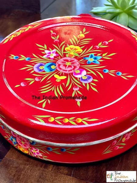 Red Hand-painted Kashmiri enamelware cookie container
