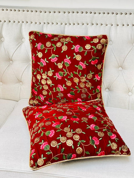 Red Velvet with Floral Embroidery and Sitara Work Cushion Cover
