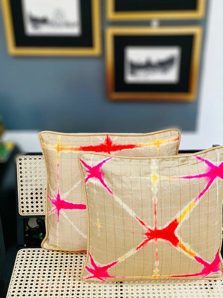 Pure Silk Tie & Dye Cushion Cover with Subtle Gold Zari Stripes- Beige