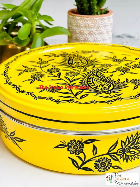 Hand Painted Paisley Enamelware Masala Dani (Spice Box)-Yellow