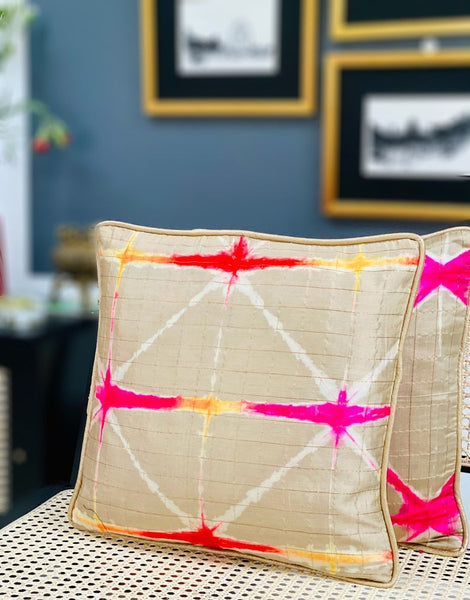 Pure Silk Tie & Dye Cushion Cover with Subtle Gold Zari Stripes- Beige