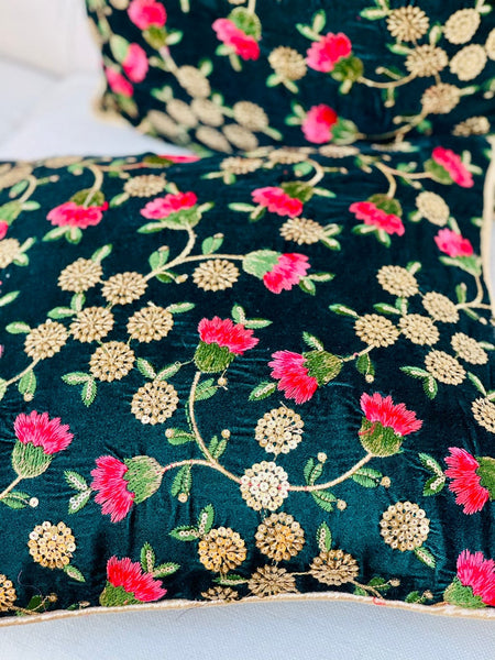Green Velvet with Floral Embroidery and Sitara work Cushion Cover